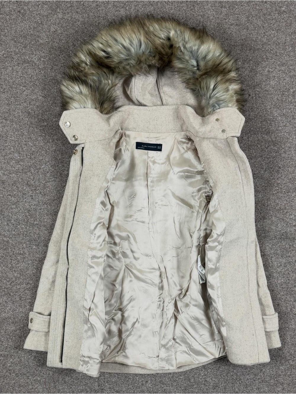 Zara Oatmeal Beige Wool Blend Duffle Coat Women’s XS Removable Hood & Fur Trim - Picture 3 of 10